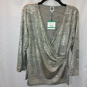 NWT Anne Klein Shimmering Silver Wrap Blouse Sz L Polyester/Elastane